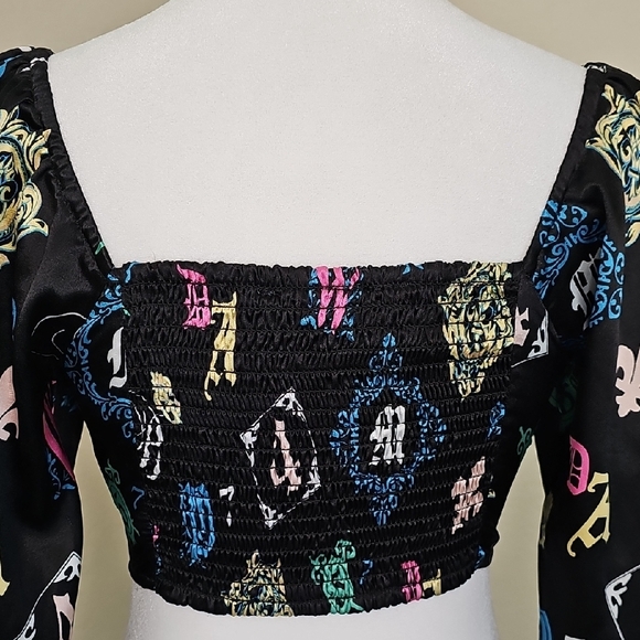 O.L.M Corset style Satin Black, Multicolor Crop Top Long Sleeve Size S - Picture 5 of 8